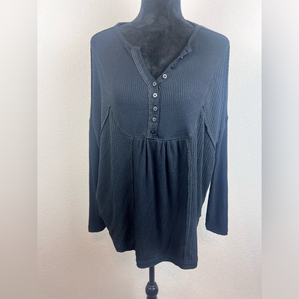 Free People Leo Henley Ribbed Texture with Ruffles V-neck Long Sleeve Top